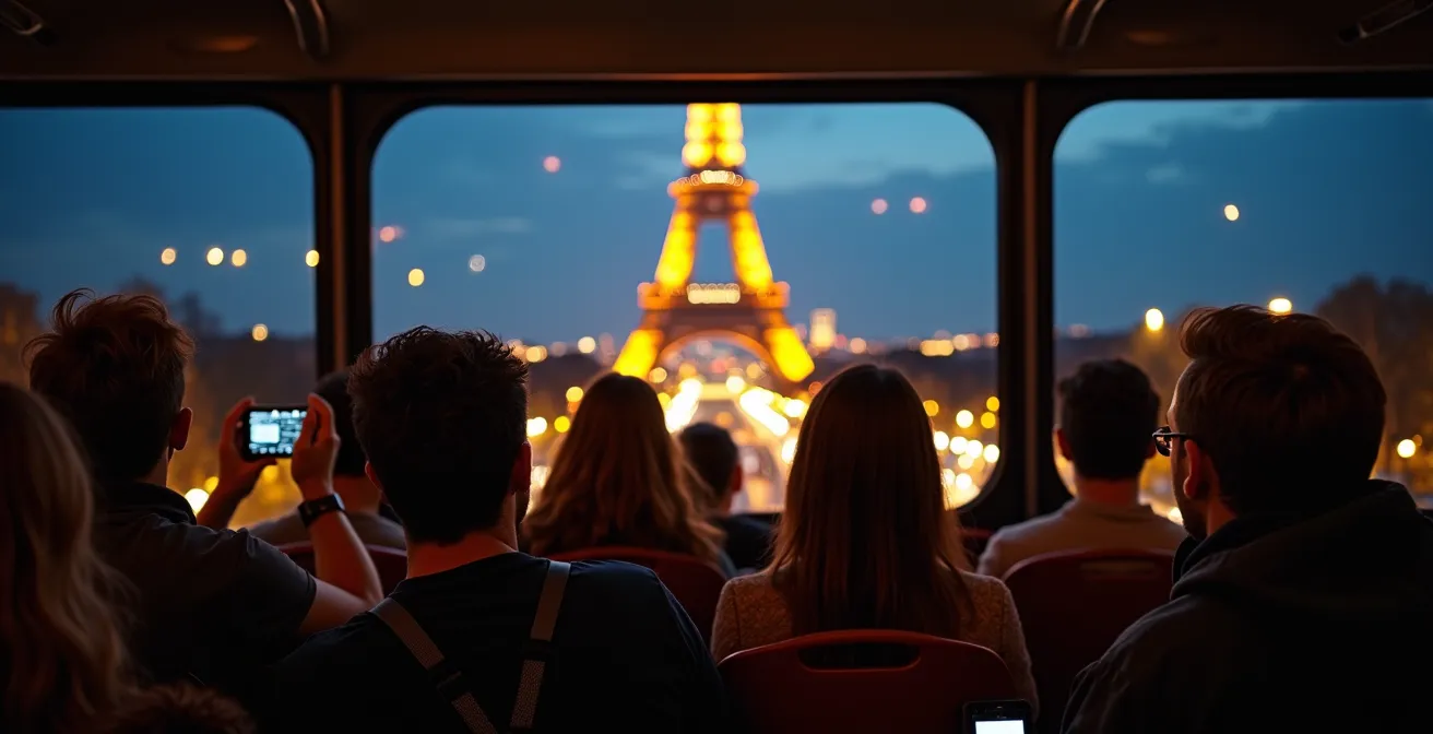 Groupe de passagers de différentes nationalités photographiant ensemble la Tour Eiffel scintillante depuis le pont supérieur d'un bus