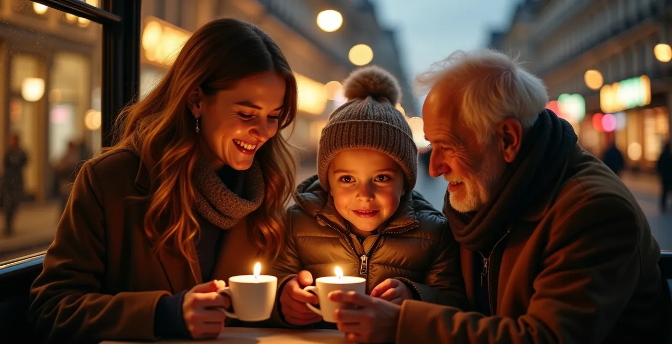 Portrait chaleureux d'une famille souriante à l'intérieur d'un bus, lumières dorées de Noël se reflétant sur les visages
