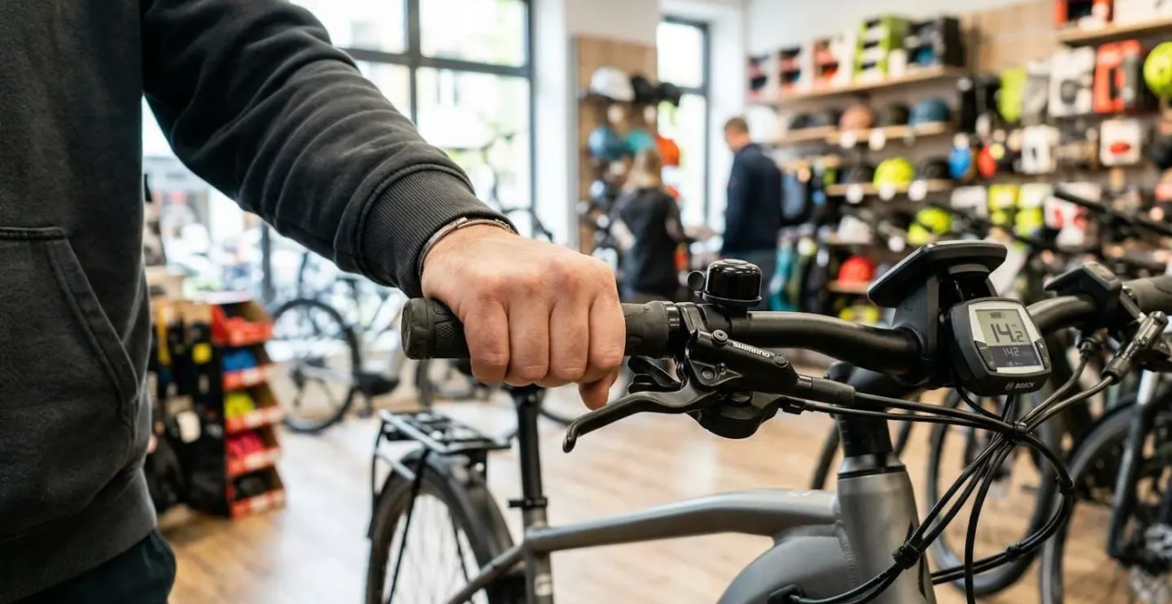 Détail d'une main touchant le guidon d'un vélo électrique, avec le tableau de bord partiellement visible dans un intérieur de boutique lumineux