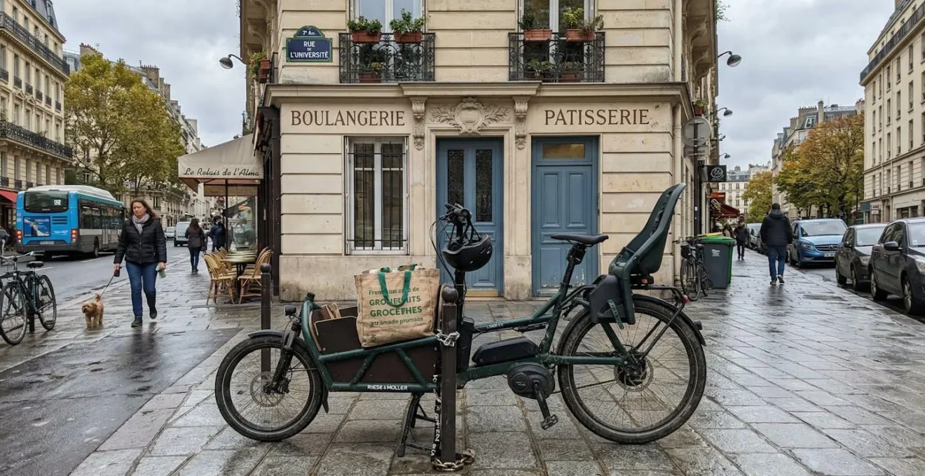Un vélo cargo longtail stationné devant une façade parisienne traditionnelle, avec un siège enfant visible derrière le guidon