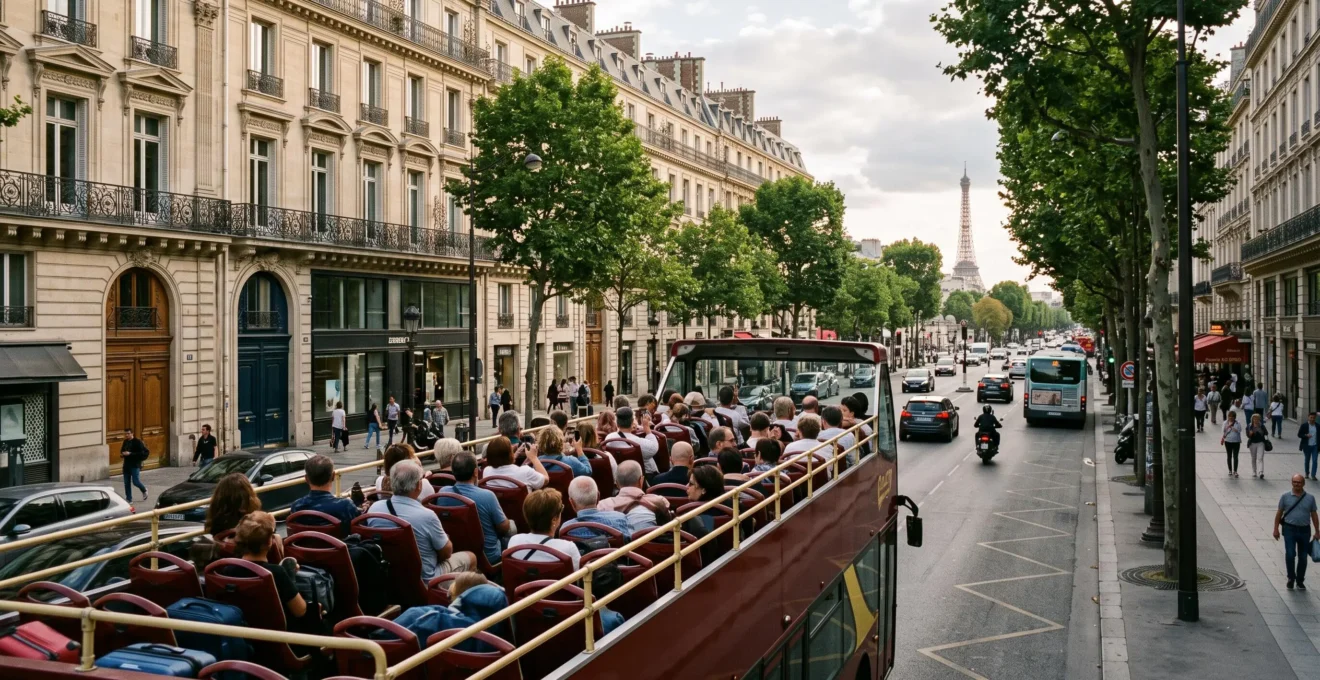Bus touristique à impériale en circulation sur une avenue parisienne, passagers assis à l'étage supérieur admirant l'architecture environnante.