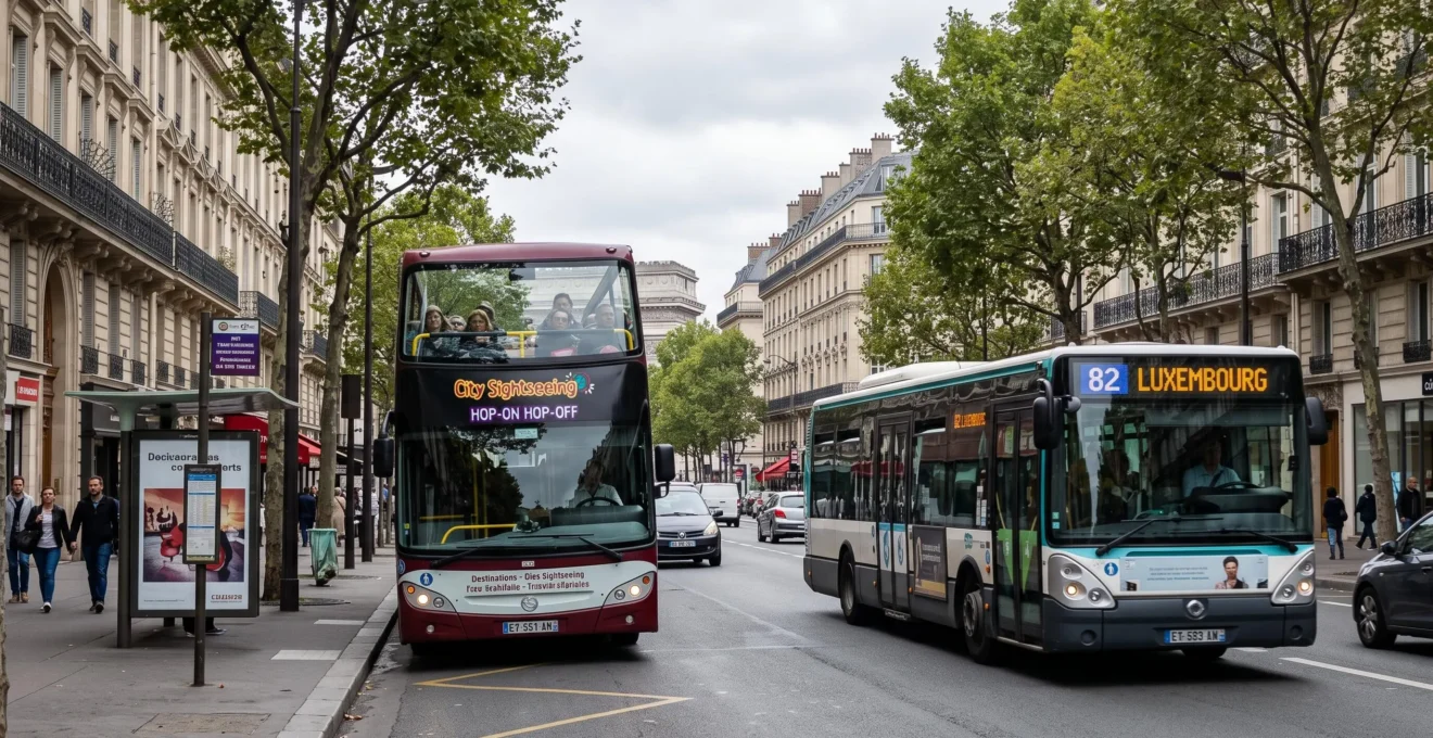 Comparaison sur une même rue parisienne entre un bus touristique à impériale à ciel ouvert et un bus urbain classique à étage unique.