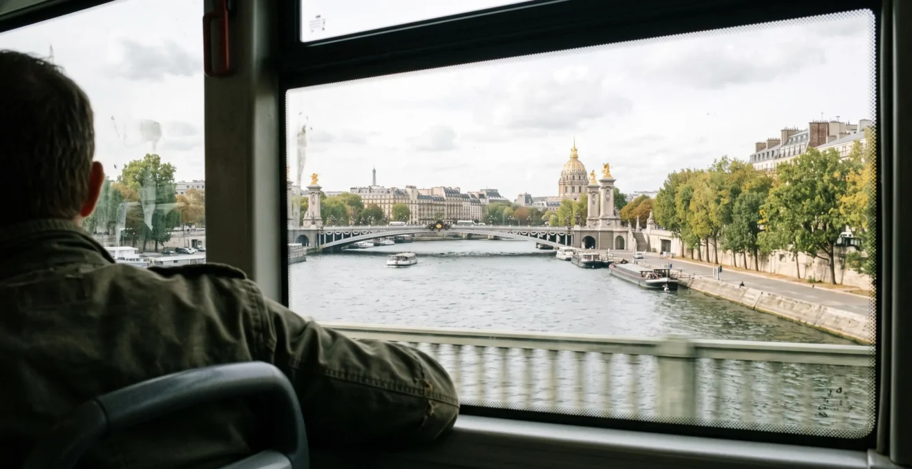 Vue sur la Seine et un pont parisien depuis la fenêtre d'un bus urbain classique, prise depuis un siège passager.